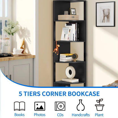 6-Tier Corner Shelf, 68.8" Tall Modern Free Standing Zigzag Corner Bookshelf for Living Room, Home Office,Black