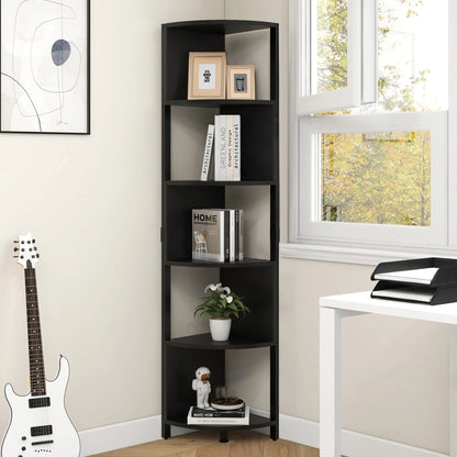 6-Tier Corner Shelf, 68.8" Tall Modern Free Standing Zigzag Corner Bookshelf for Living Room, Home Office,Black