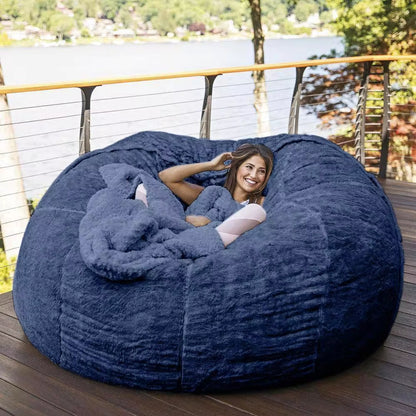 7-Foot Bean Bag Chair with Furry Fur Cover Machine Washable Big Size Sofa and Giant Lounger Furniture