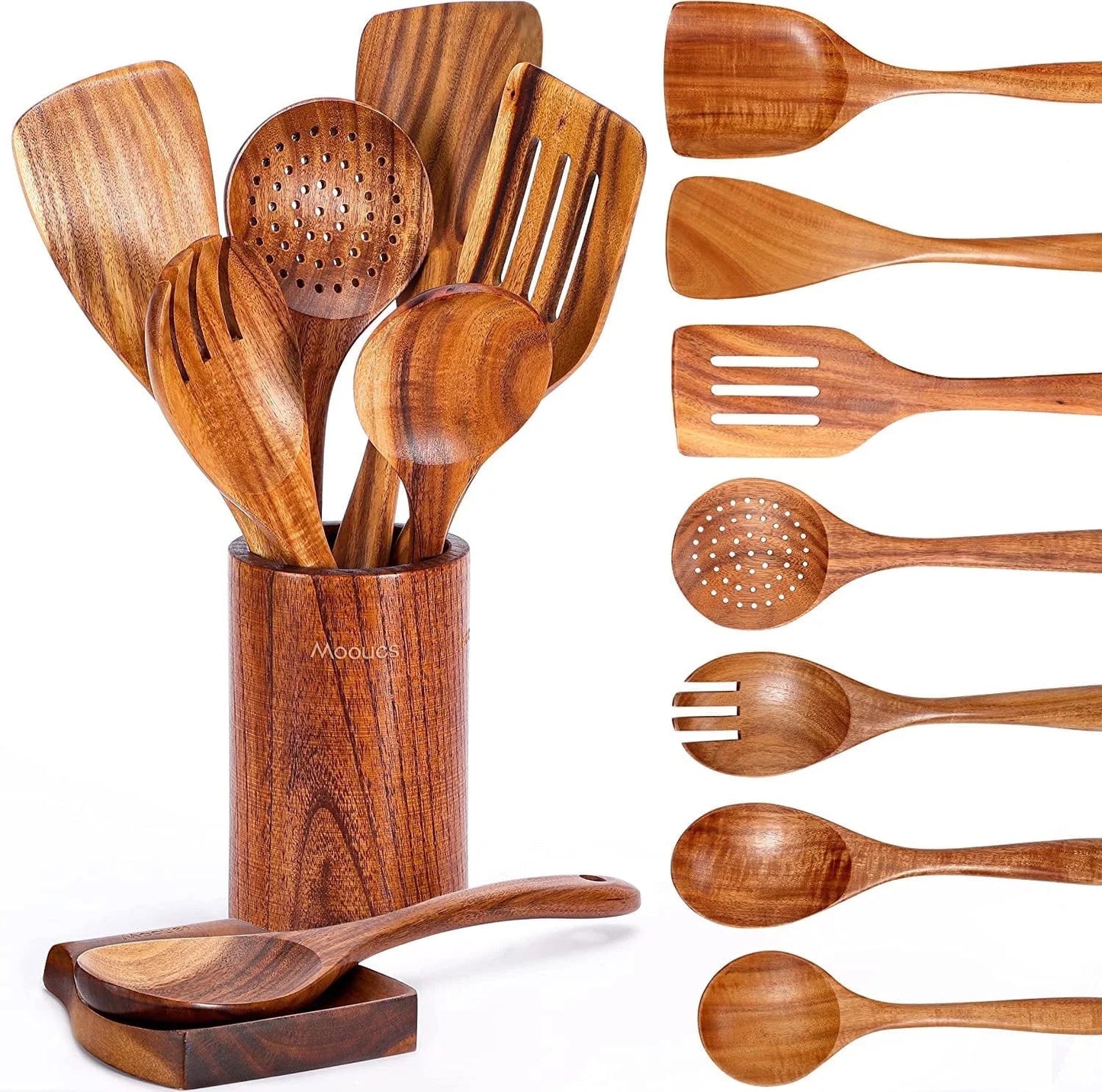 7 PCS Wooden Spoons for Cooking,  7 Pcs Wooden Utensils for Cooking Natural Teak Wooden Kitchen Utensils Set