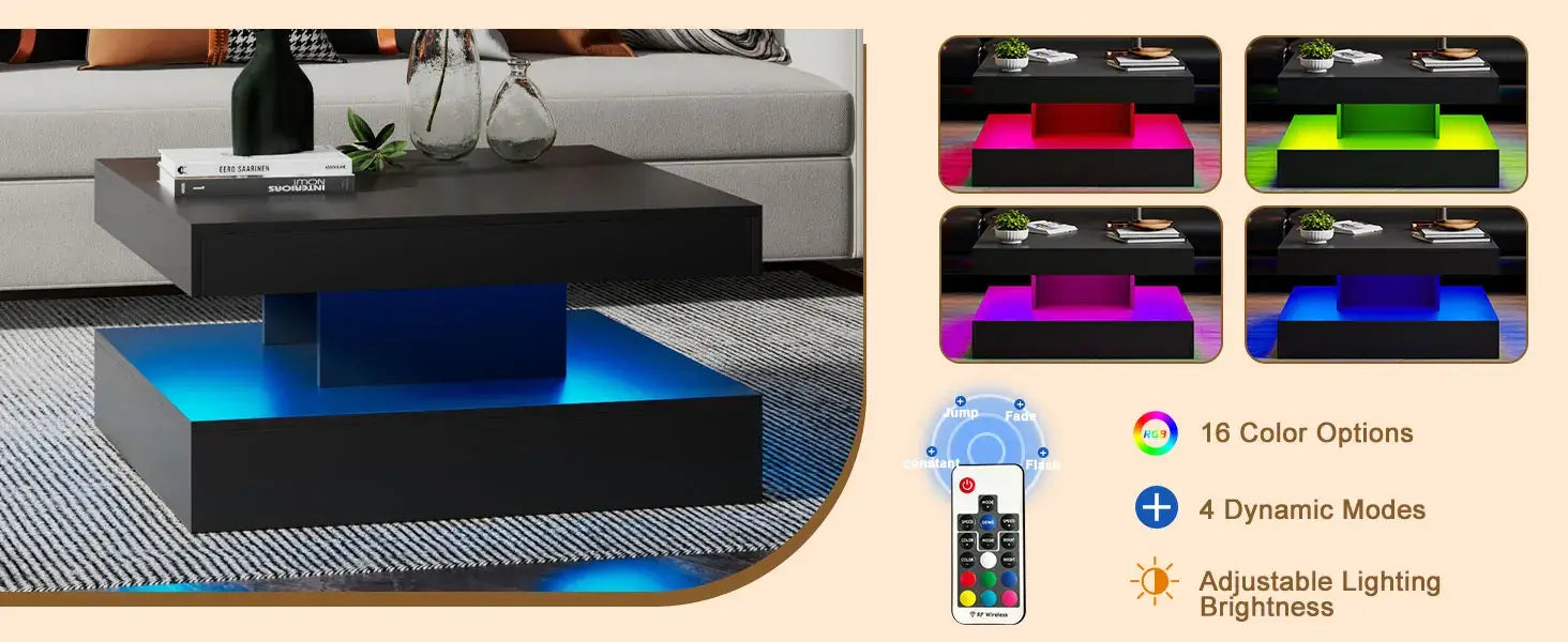 LED Coffee Table with Storage for Living Room Modern Smart Tall Square Center Table 2 Tier Display Shelf 20 Colors