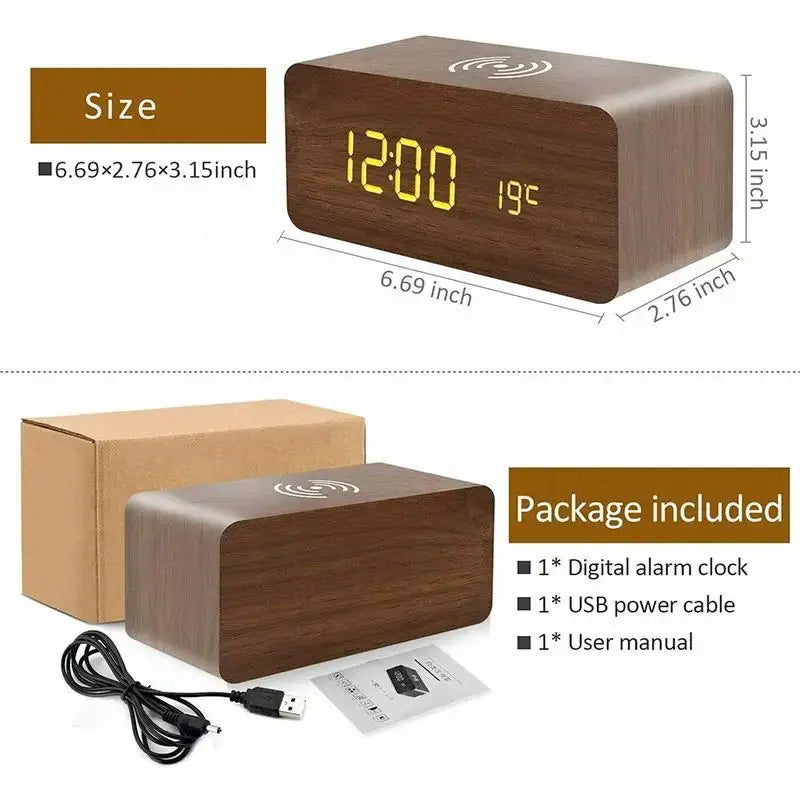 Wooden Digital Alarm Clock with Wireless Charging LED Clock with Time Date,Temperature Desk Clocks for Office,Bedside