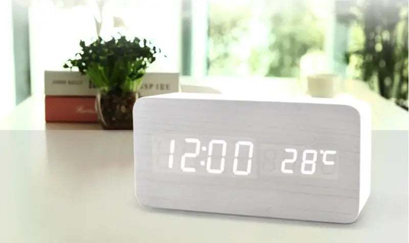 Wooden Digital Alarm Clock with Wireless Charging LED Clock with Time Date,Temperature Desk Clocks for Office,Bedside