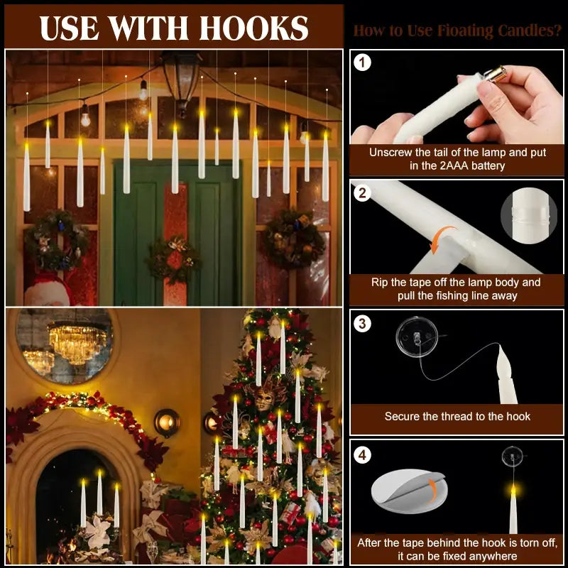 Christmas Floating Candles with Magic Wand Remote,Led Flameless Warm Hanging Candle,Flickering Battery Operated Taper