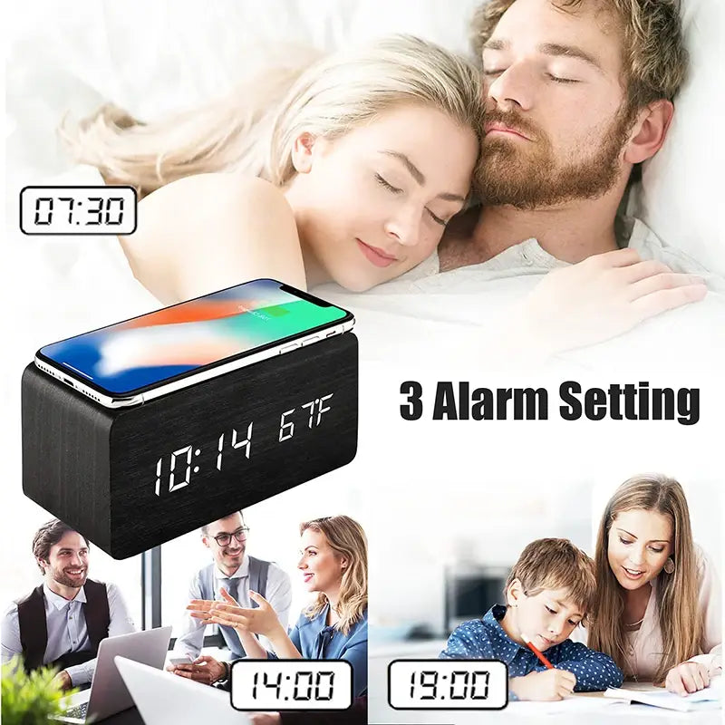 Wooden Digital Alarm Clock with Wireless Charging LED Clock with Time Date,Temperature Desk Clocks for Office,Bedside