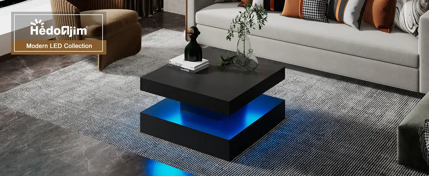 LED Coffee Table with Storage for Living Room Modern Smart Tall Square Center Table 2 Tier Display Shelf 20 Colors