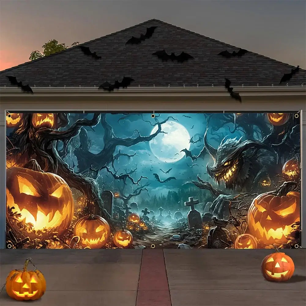 Halloween Garage Door Banner Decoration Misty Forest Pumpkin Lantern Scene