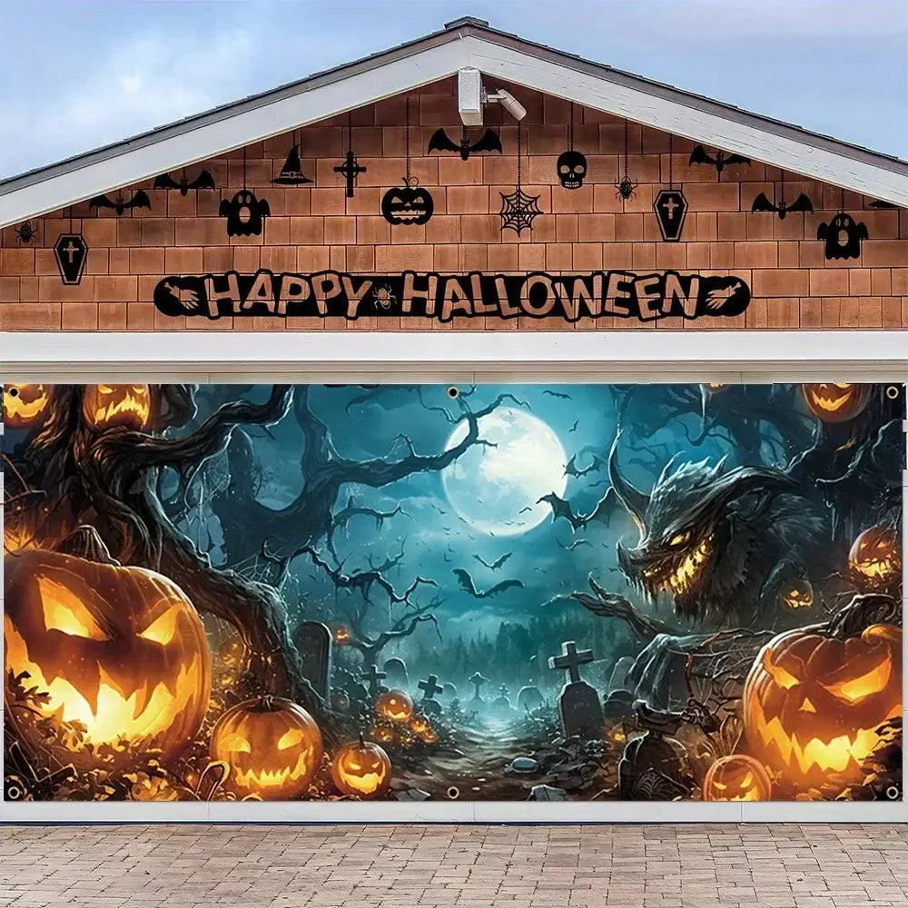 Halloween Garage Door Banner Decoration Misty Forest Pumpkin Lantern Scene