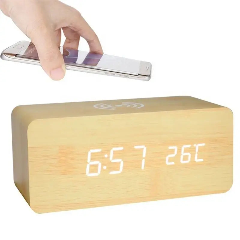 Wooden Digital Alarm Clock with Wireless Charging LED Clock with Time Date,Temperature Desk Clocks for Office,Bedside