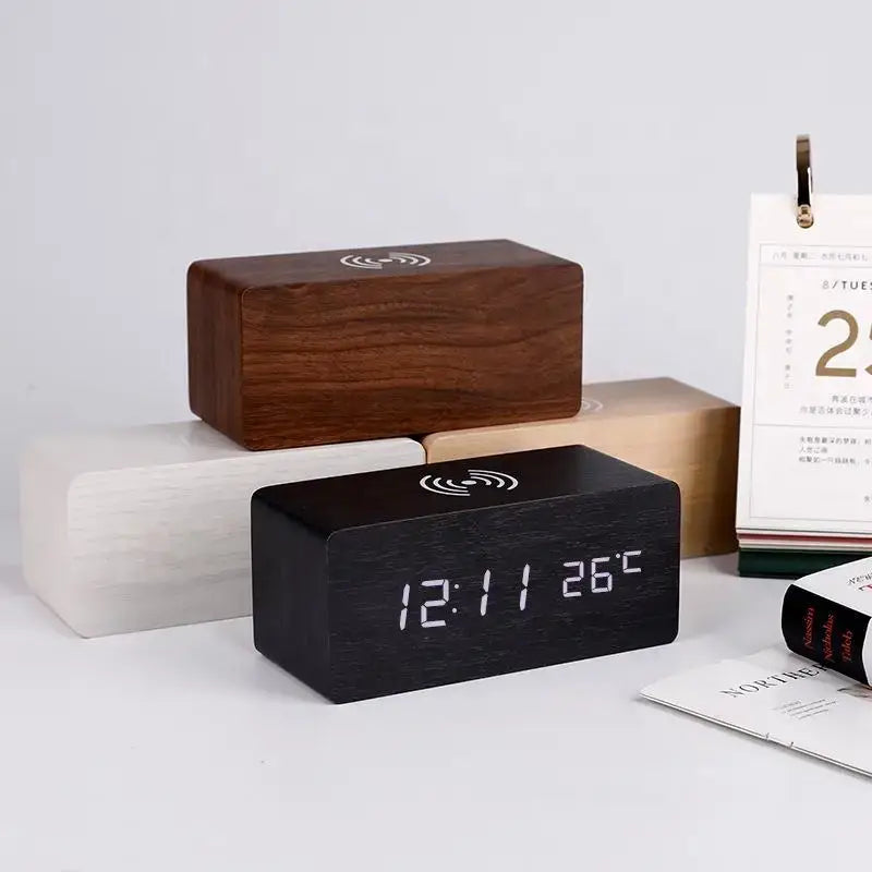 Wooden Digital Alarm Clock with Wireless Charging LED Clock with Time Date,Temperature Desk Clocks for Office,Bedside