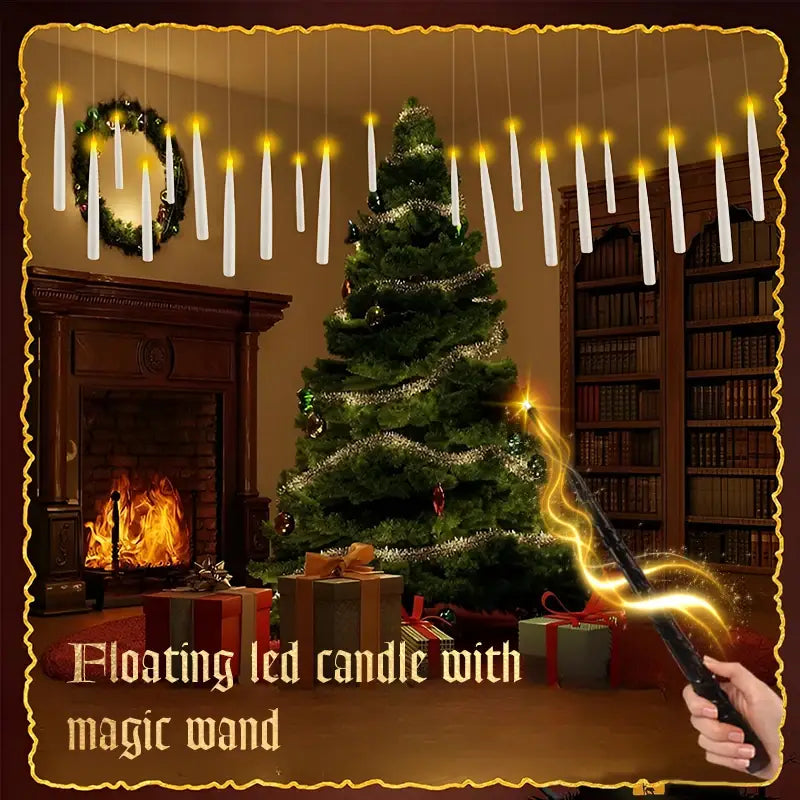 Christmas Floating Candles with Magic Wand Remote,Led Flameless Warm Hanging Candle,Flickering Battery Operated Taper