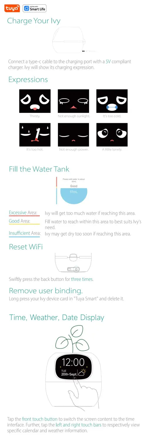 Tuya Ivy Smart Planter,Endless Fun over 49 Rich Expressions,7 Smart Sensors,Ai Chips Make Raising Plants Easy and Fun