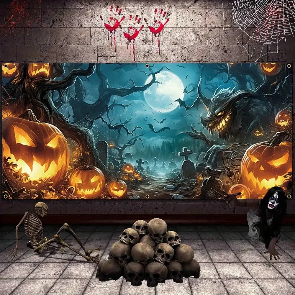 Halloween Garage Door Banner Decoration Misty Forest Pumpkin Lantern Scene