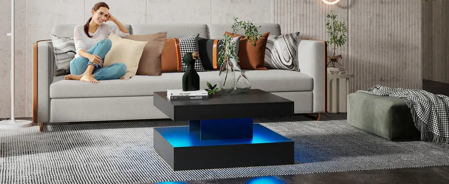 LED Coffee Table with Storage for Living Room Modern Smart Tall Square Center Table 2 Tier Display Shelf 20 Colors