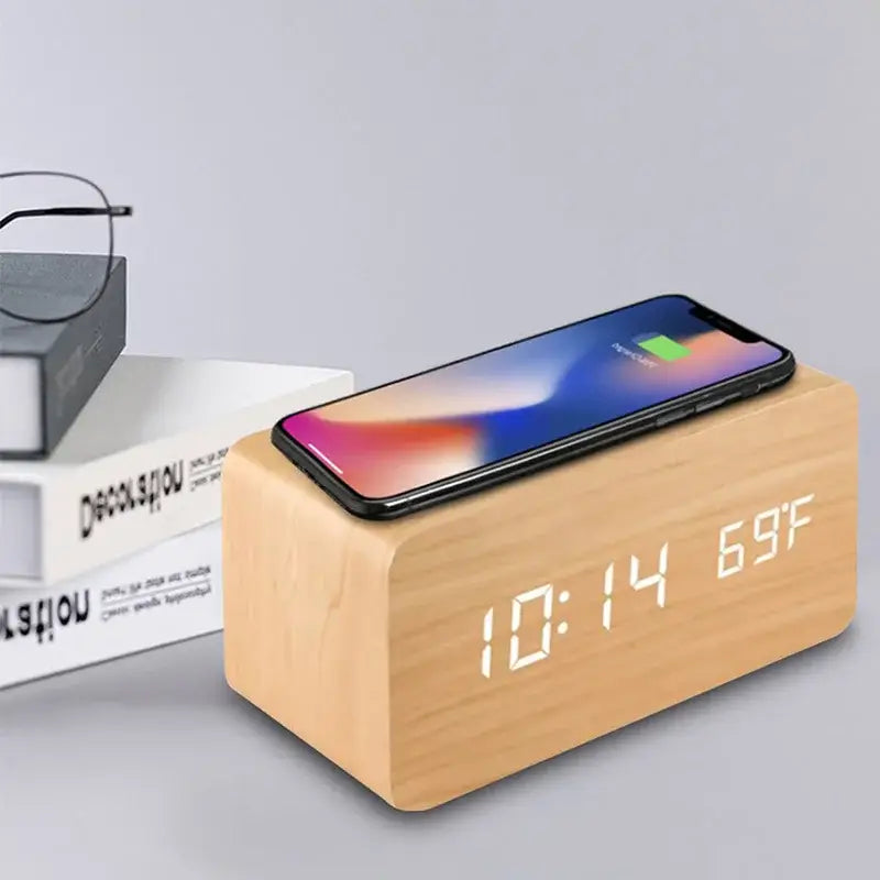 Wooden Digital Alarm Clock with Wireless Charging LED Clock with Time Date,Temperature Desk Clocks for Office,Bedside