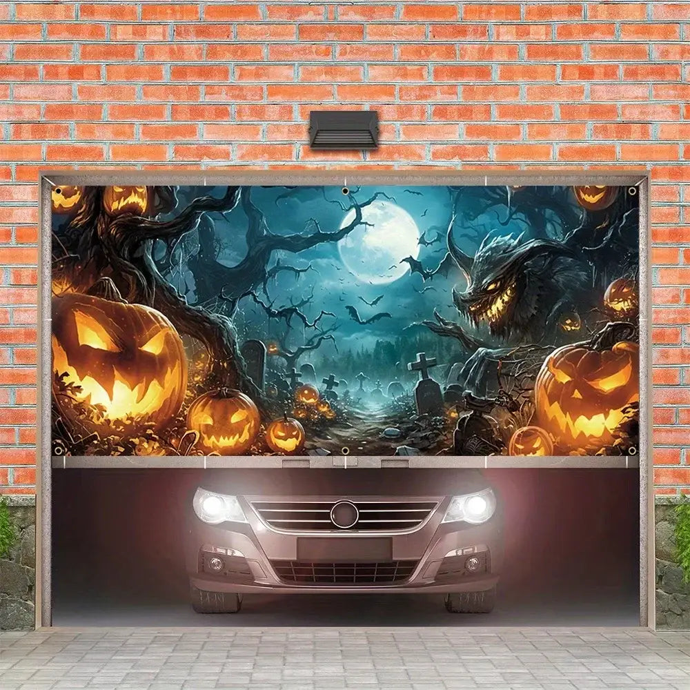 Halloween Garage Door Banner Decoration Misty Forest Pumpkin Lantern Scene