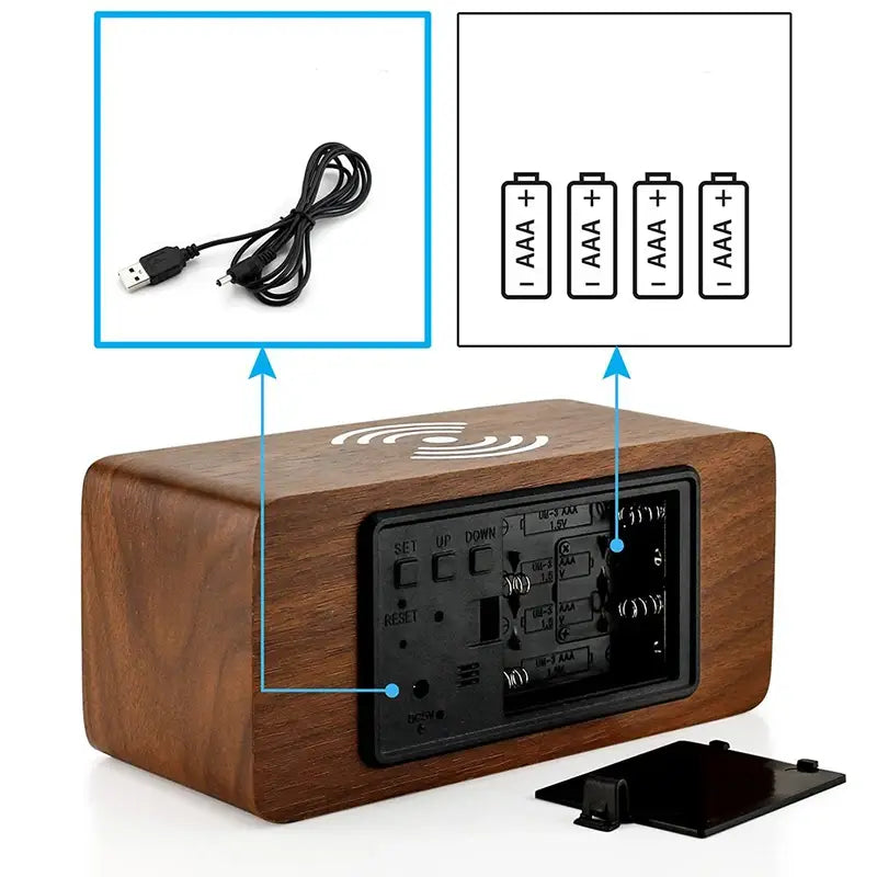 Wooden Digital Alarm Clock with Wireless Charging LED Clock with Time Date,Temperature Desk Clocks for Office,Bedside