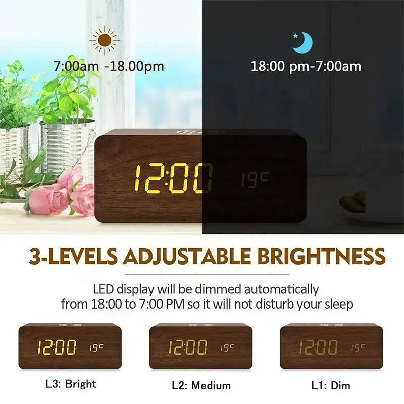 Wooden Digital Alarm Clock with Wireless Charging LED Clock with Time Date,Temperature Desk Clocks for Office,Bedside