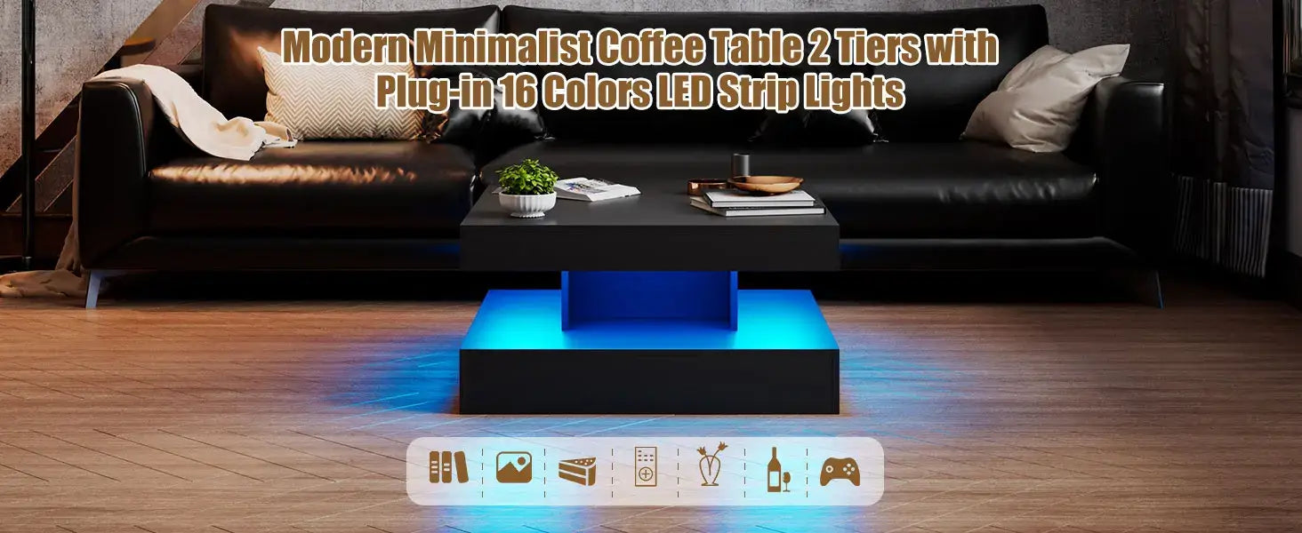 LED Coffee Table with Storage for Living Room Modern Smart Tall Square Center Table 2 Tier Display Shelf 20 Colors