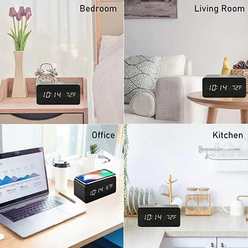 Wooden Digital Alarm Clock with Wireless Charging LED Clock with Time Date,Temperature Desk Clocks for Office,Bedside