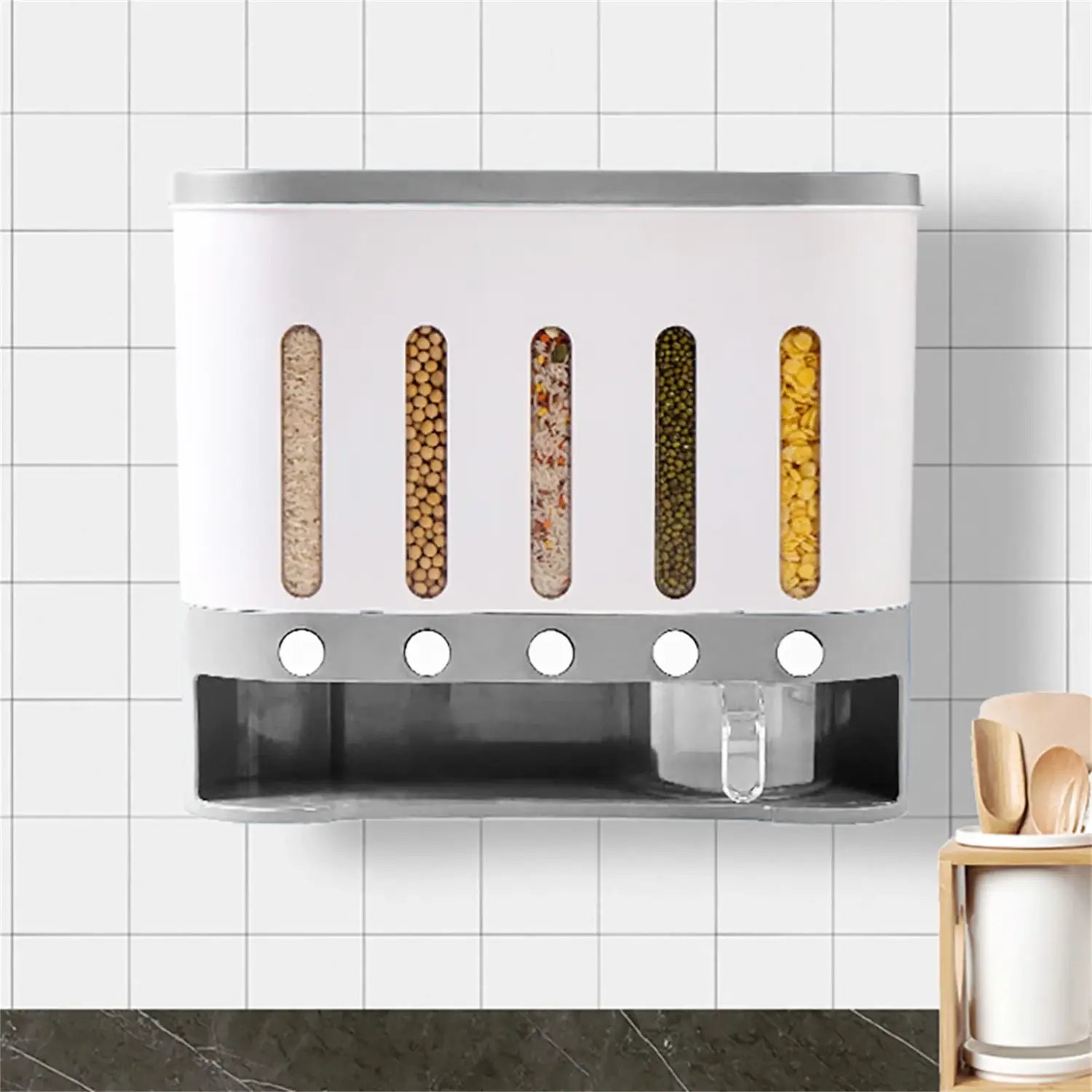 Cereal Dispenser Wall Mounted Grain Dispenser Storage 5 in 1 Kitchen Dispensing Container Food Dispenser for Cereals