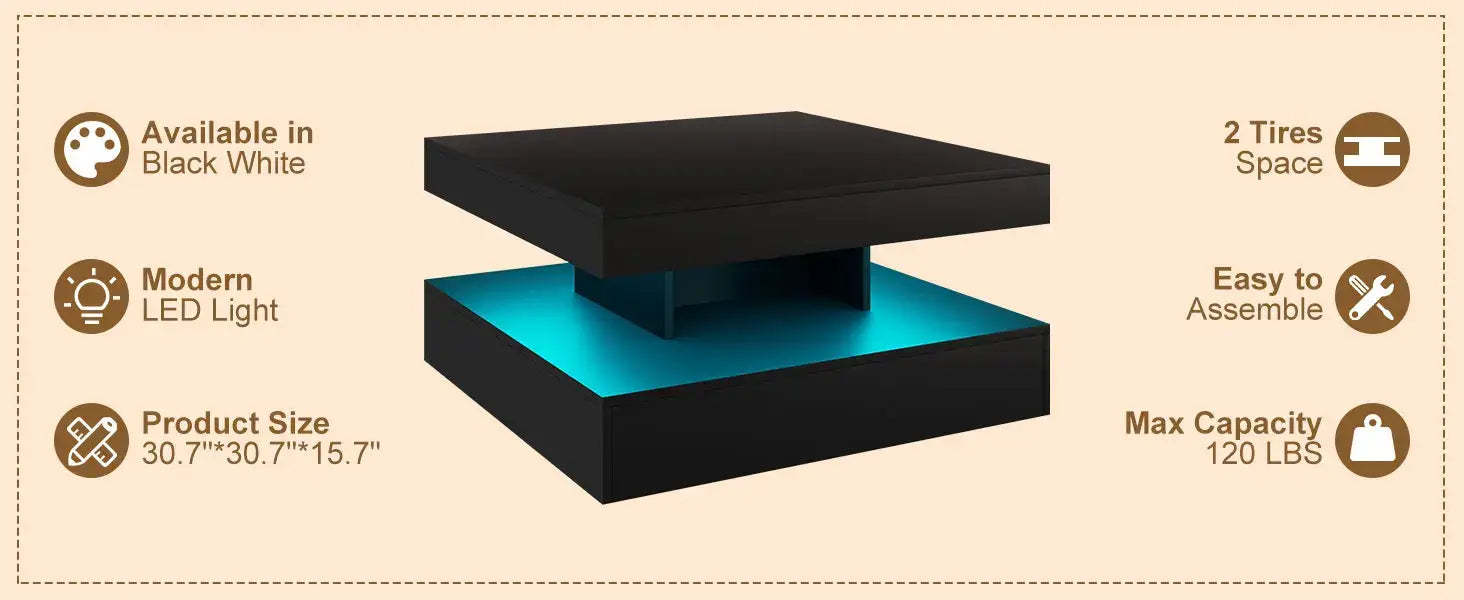 LED Coffee Table with Storage for Living Room Modern Smart Tall Square Center Table 2 Tier Display Shelf 20 Colors