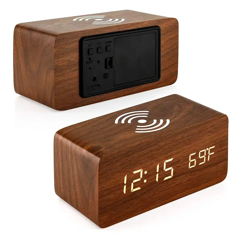 Wooden Digital Alarm Clock with Wireless Charging LED Clock with Time Date,Temperature Desk Clocks for Office,Bedside