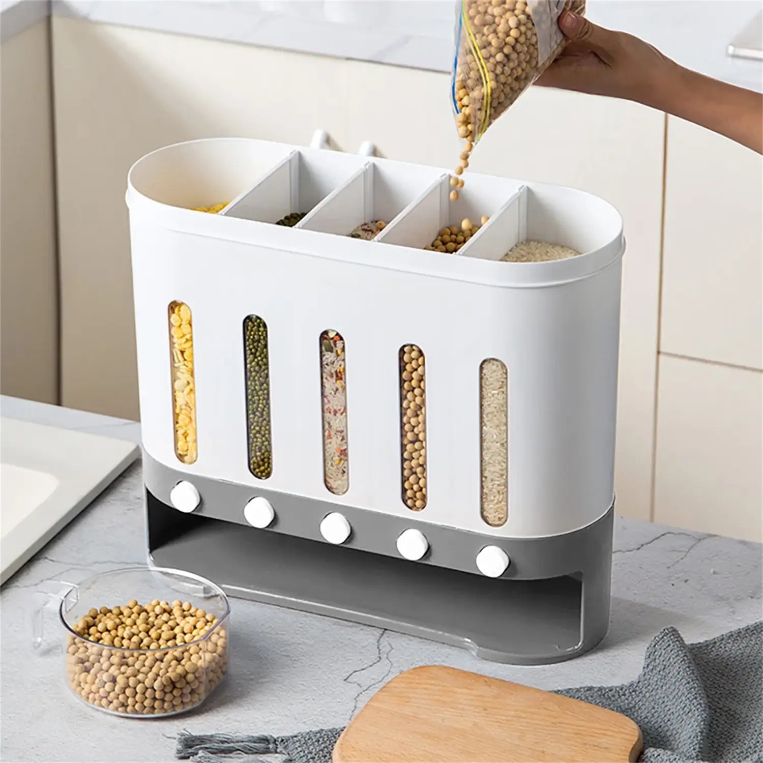 Cereal Dispenser Wall Mounted Grain Dispenser Storage 5 in 1 Kitchen Dispensing Container Food Dispenser for Cereals