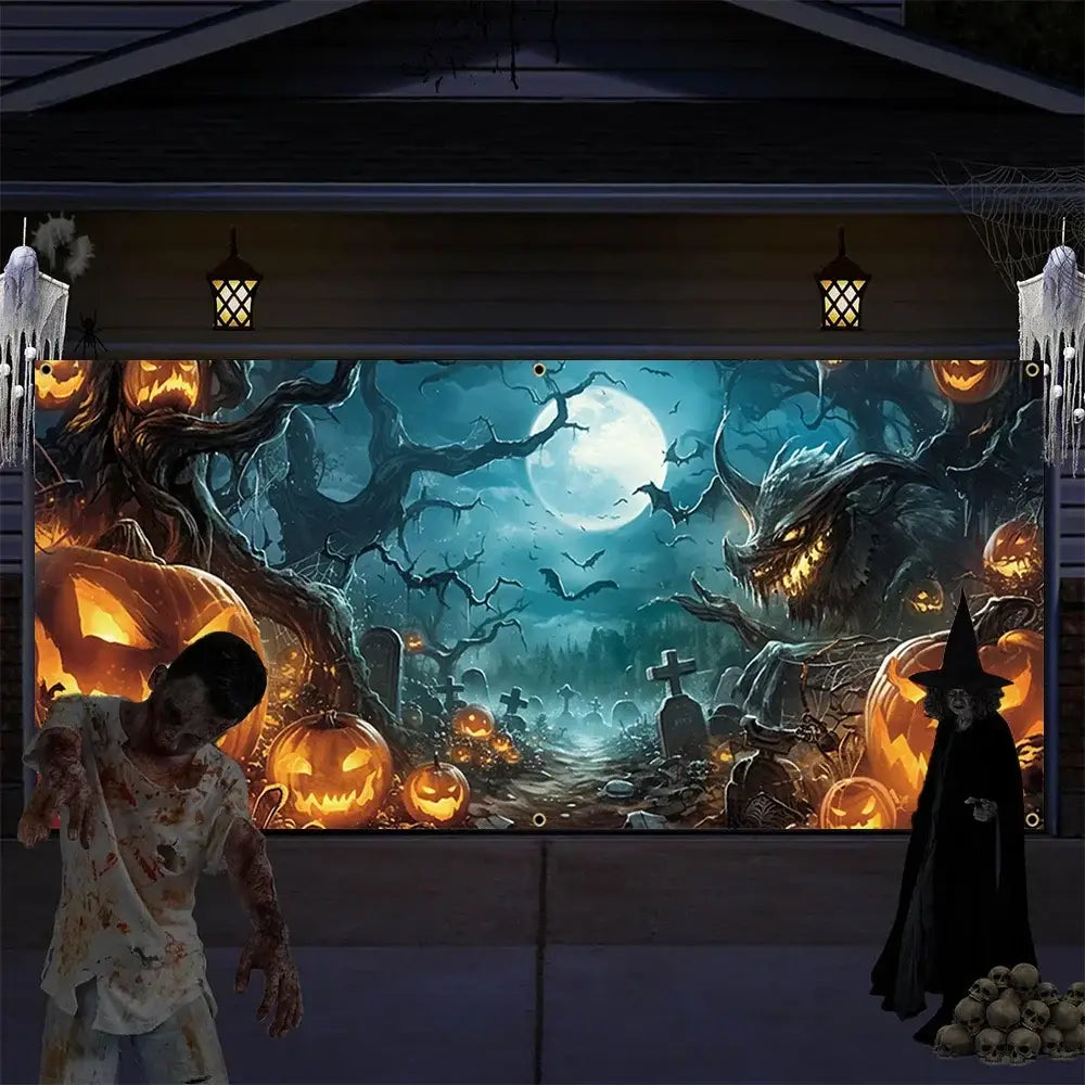 Halloween Garage Door Banner Decoration Misty Forest Pumpkin Lantern Scene