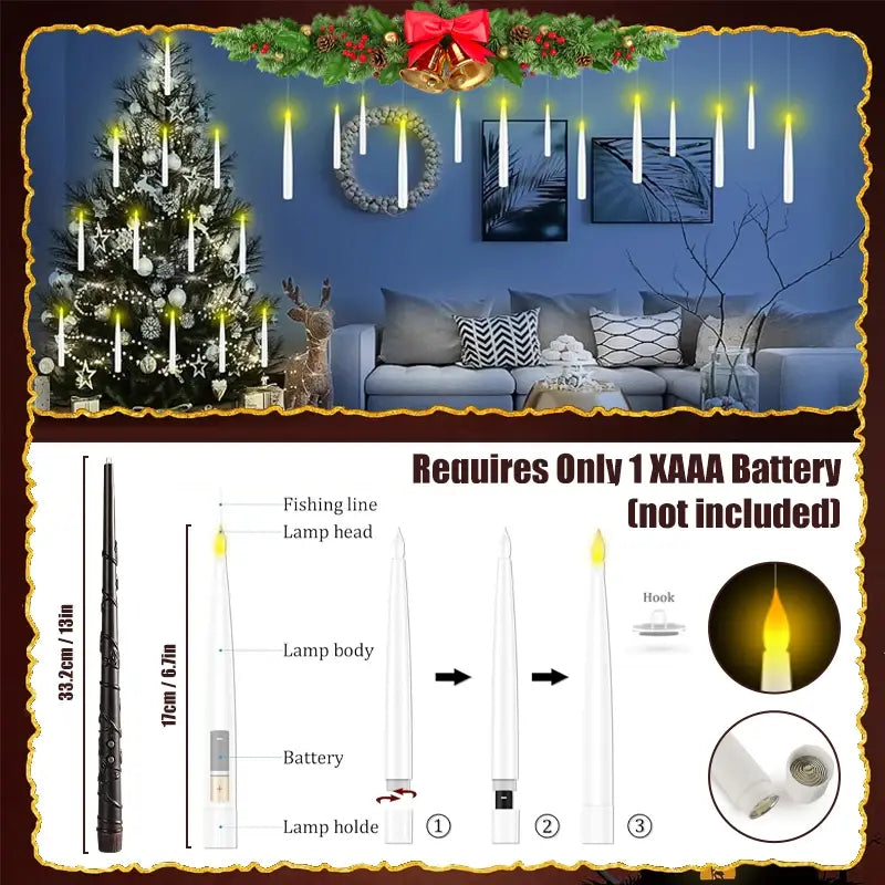 Christmas Floating Candles with Magic Wand Remote,Led Flameless Warm Hanging Candle,Flickering Battery Operated Taper