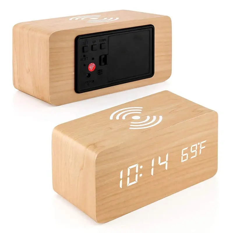 Wooden Digital Alarm Clock with Wireless Charging LED Clock with Time Date,Temperature Desk Clocks for Office,Bedside