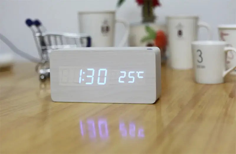 Wooden Digital Alarm Clock with Wireless Charging LED Clock with Time Date,Temperature Desk Clocks for Office,Bedside