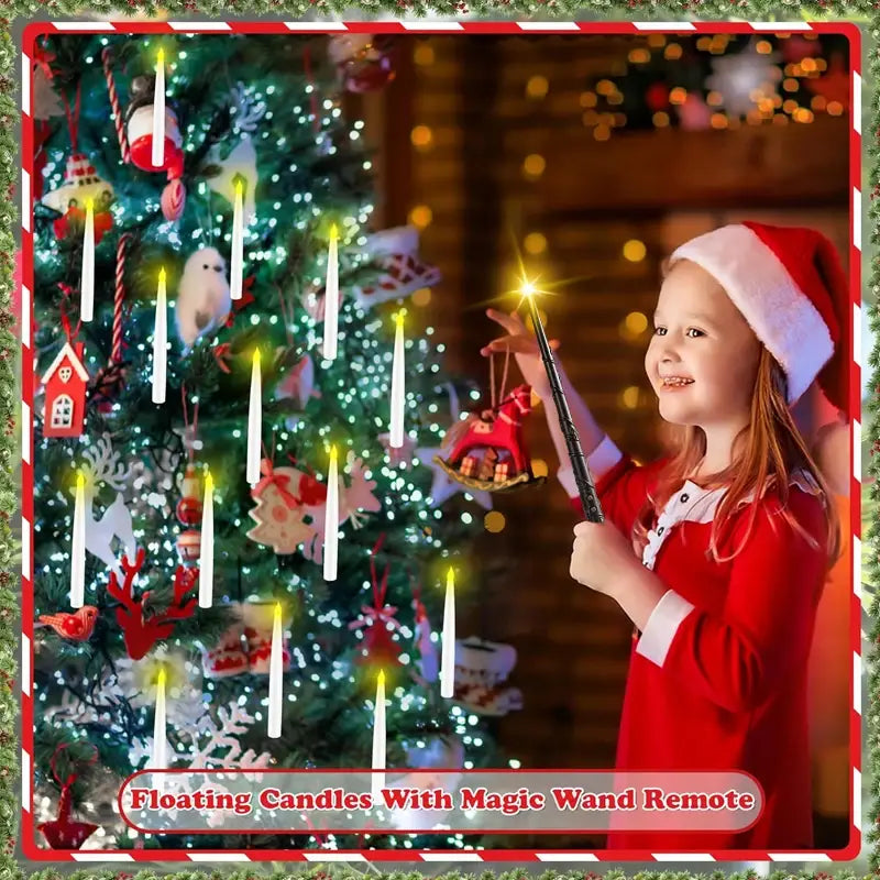 Christmas Floating Candles with Magic Wand Remote,Led Flameless Warm Hanging Candle,Flickering Battery Operated Taper