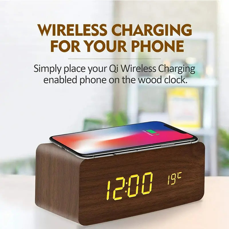 Wooden Digital Alarm Clock with Wireless Charging LED Clock with Time Date,Temperature Desk Clocks for Office,Bedside