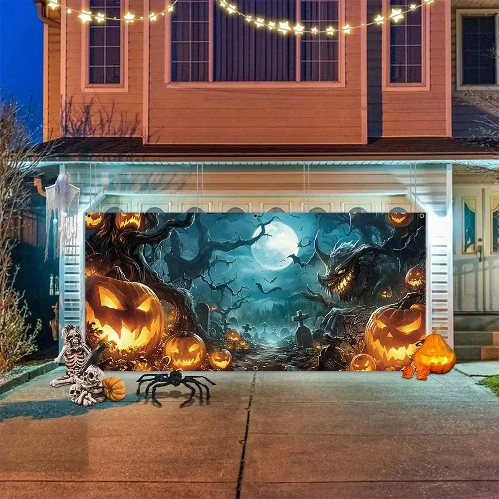 Halloween Garage Door Banner Decoration Misty Forest Pumpkin Lantern Scene