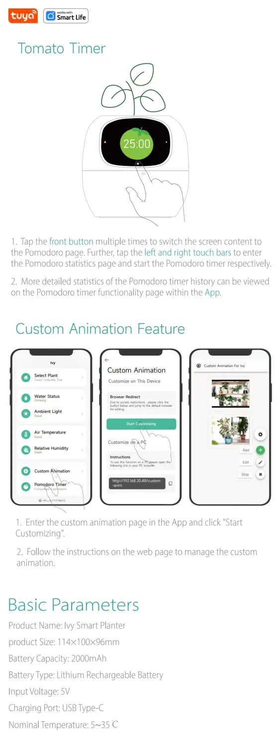 Tuya Ivy Smart Planter,Endless Fun over 49 Rich Expressions,7 Smart Sensors,Ai Chips Make Raising Plants Easy and Fun