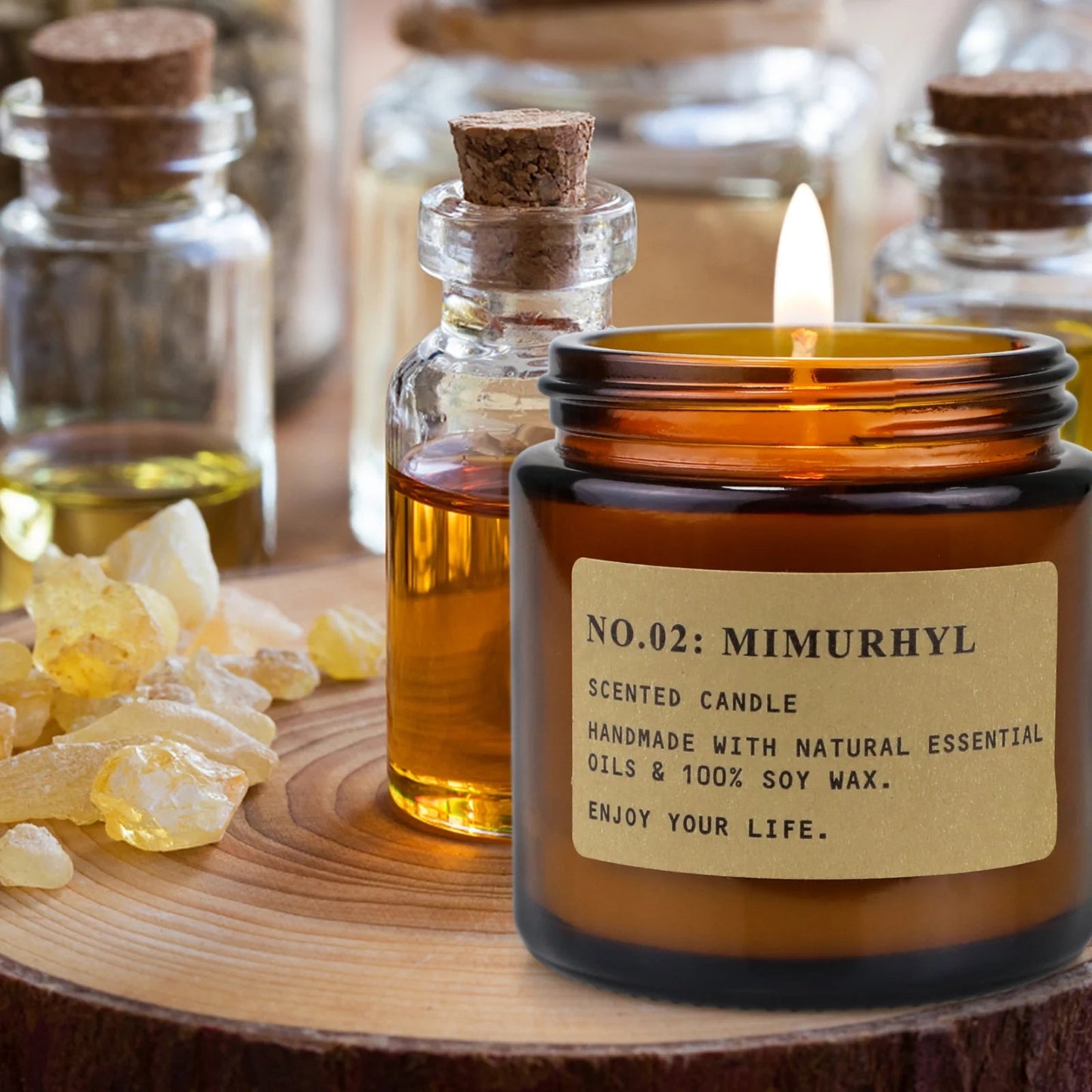 Scented candle in amber glass jar labeled NO.02: Mimurhyl, perfect for relaxation