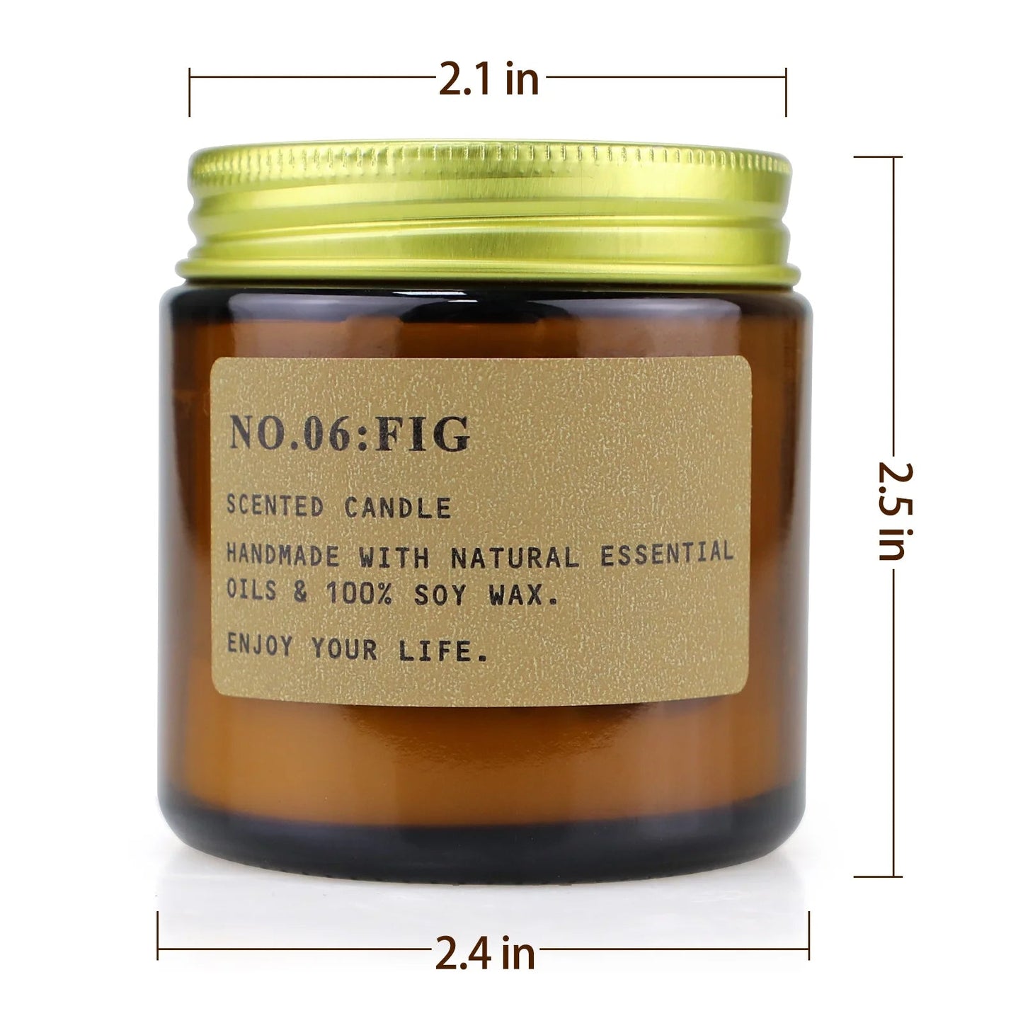 Amber glass jar with fig-scented soy wax candle for aromatherapy and relaxation