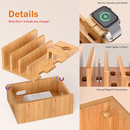 Bamboo Charging Station for Multi-Device with 4 Slots, Charging Dock Stand Compatible with Cellphone, Tablet, Watch (Include 6 Charger Cables, Watch Stand, NO USB Charger)