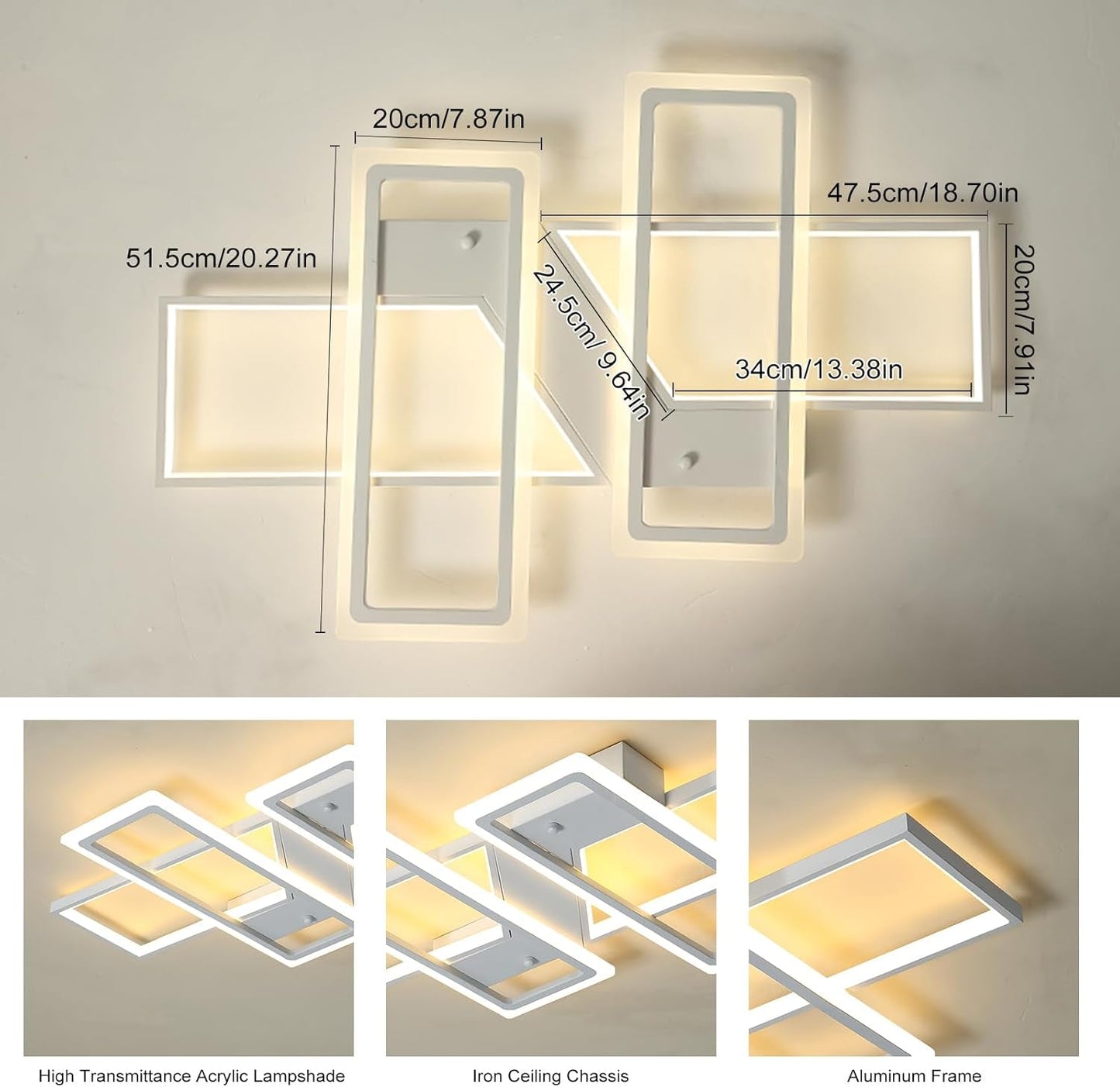 Dimmable Ceiling Light,4 Squares Modern LED Ceiling Lamps with Remote Control,80W Acrylic Flush Mount Ceiling Light Fixture for Living Dining Room Bedroom Kitchen(White)