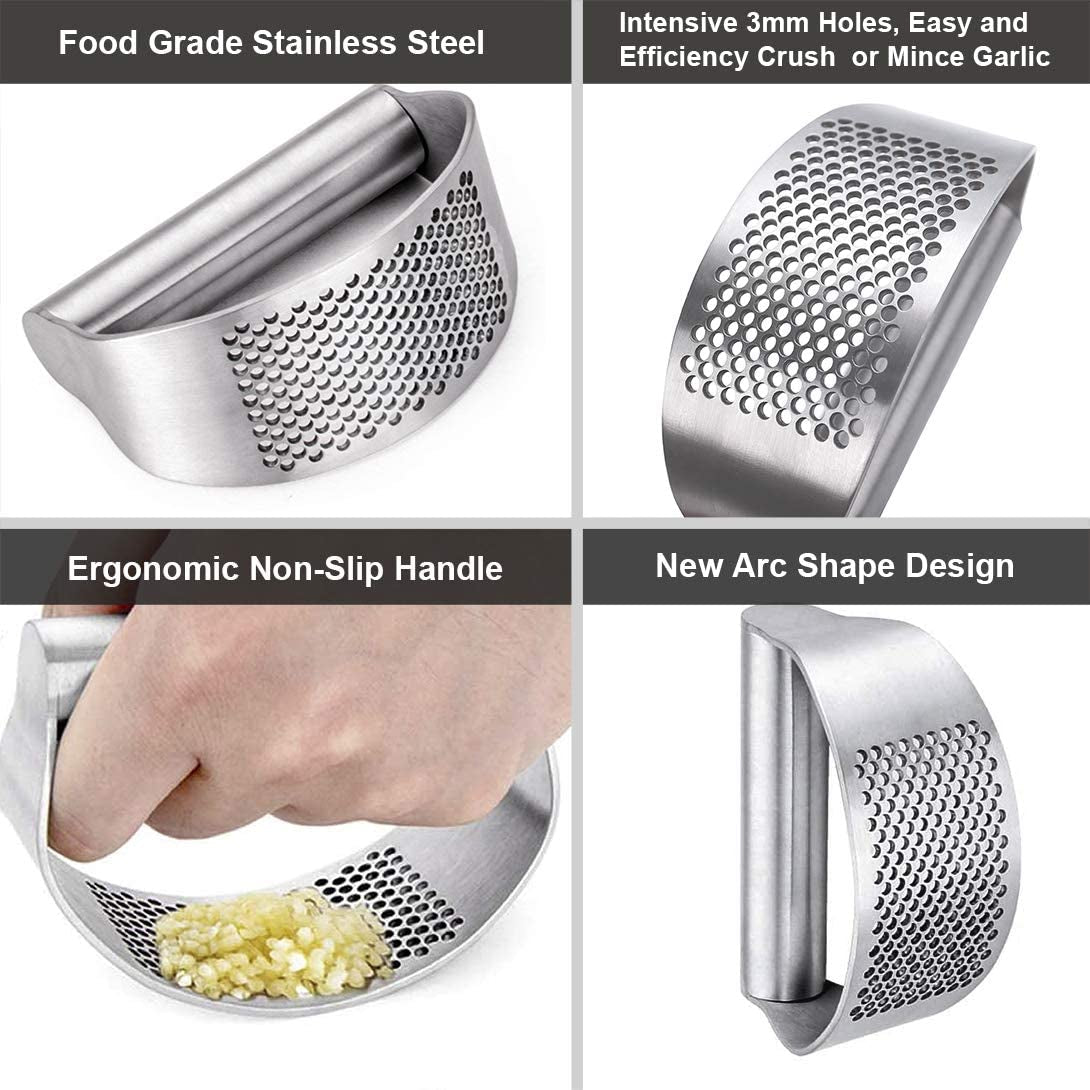 Garlic Press Rocker, Stainless Steel Garlic Crusher, Dishwasher Safe, Ergonomic Handle Garlic Chopper with Silicone Peeler and Cleaning Brush, Rust Proof Garlic Mincer Tool for Kitchen Gadgets