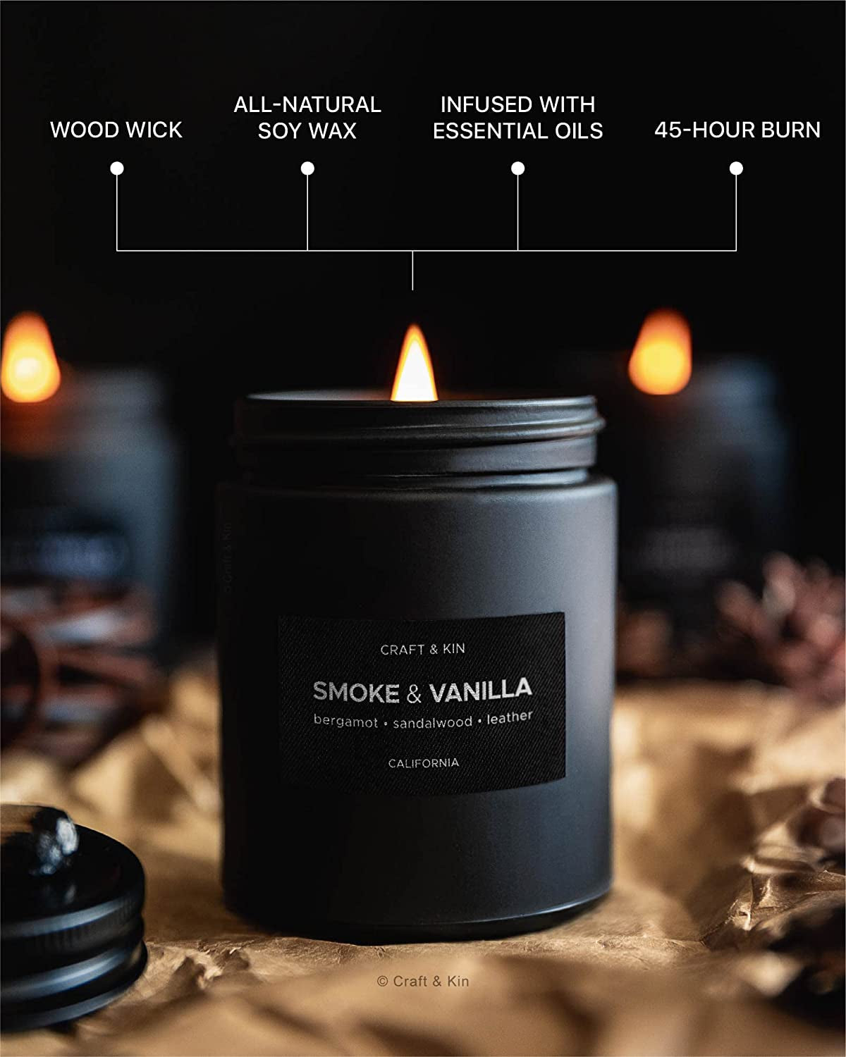 Scented Candles for Men | Smoke & Vanilla Scented Candle | Soy Candles for Home Scented | Aromatherapy Candle Men Candles | Candle for Men Candles | Long Lasting Candles | Vanilla Candle in Black Jar